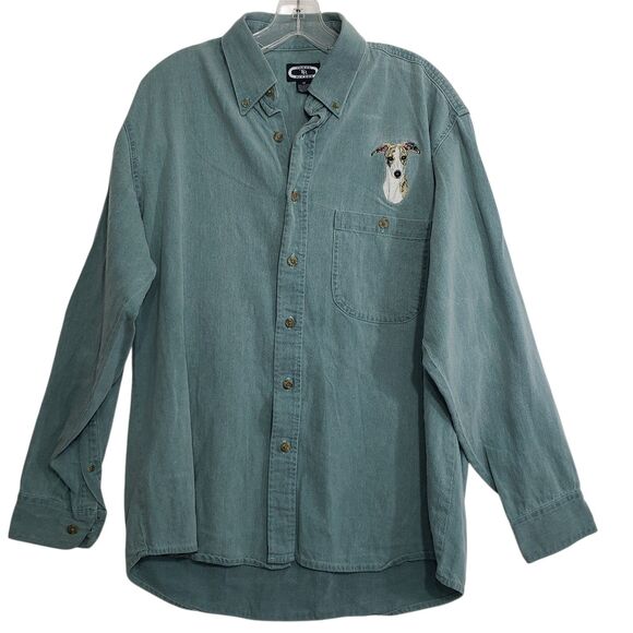Three Rivers Unisex Medium Long Sleeve Button Down Shirt with Embroidered Dog - Picture 1 of 9